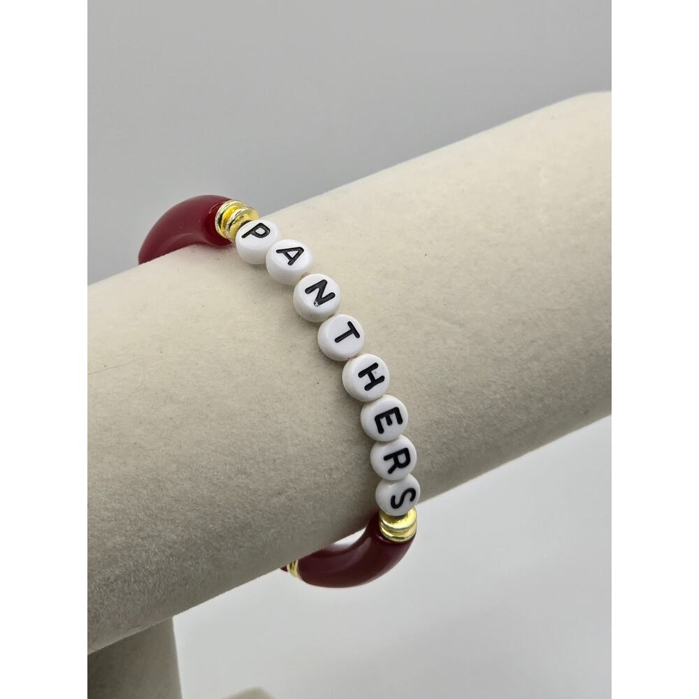 Mulberry Wine Red Tube Barrel Bead Gold Tone PANTHERS Team Fan Stretch Bracelet